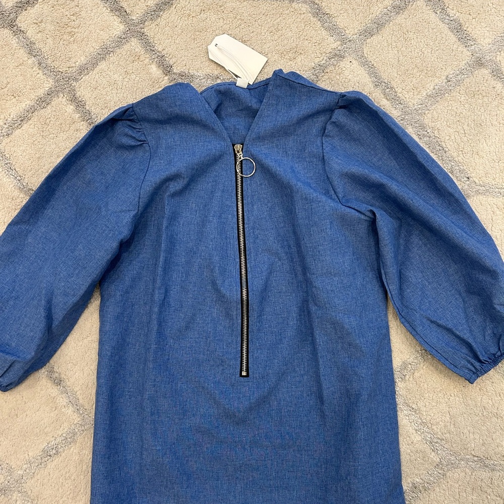 Blue Zip-Up Dress with Puff Sleeves